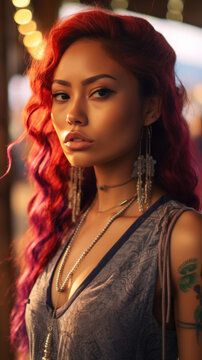 Portrait of Stunning Young Hawaiians Woman with Red Hair Captured in Golden Hour and Natural Light, High-Quality Beauty Photography
