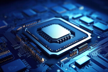 Processing Innovation: High-Performance Computer Processor on Motherboard, Symbolizing Modern Technology, Set Against a Blue Background..