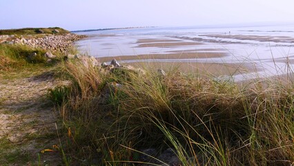 Coucher de soleil sur le plage de Sainte Cécile en bord de Manche sur la Côte d'Opale, région...