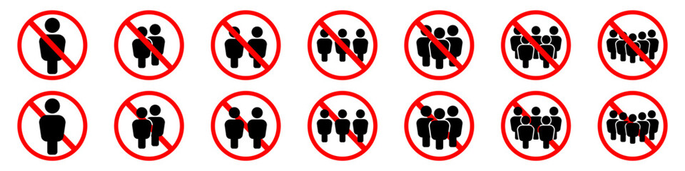 Ban of crowd of people on isolated backgound. Group of people drawing in red crossed circle. Social distancing avoid crowds icon. Vector EPS 10