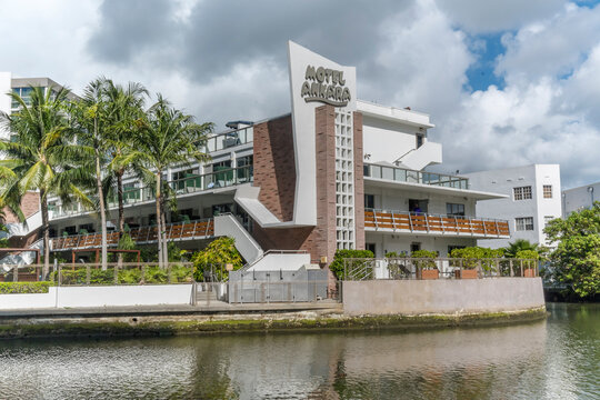 Miami Beach, Florida, USA - The Creek South Beach, originally named The Ankara Motel, overlooking a waterway.