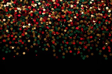 falling golden red green metallic glitter foil confetti on black background, gold holiday and festive Christmas background. - obrazy, fototapety, plakaty