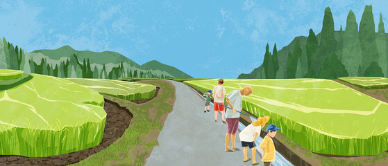 日本の夏の水田原風景手描き水彩風イラスト