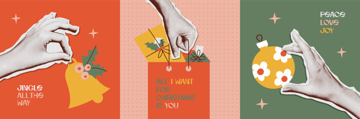 80s style vintage halftone collage warm Christmas Season's Greeting cards set. Paper stickers of hands holding a Christmas tree toy, jingle bell and present boxes in paper bag.  © LanaSham