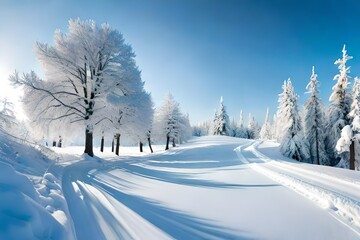Beautiful winter landscape background. Path in the snowy forest. Snow-covered trees against the blue sky. The nature of Siberia. Freezing day. Suburb of Krasnoyarsk