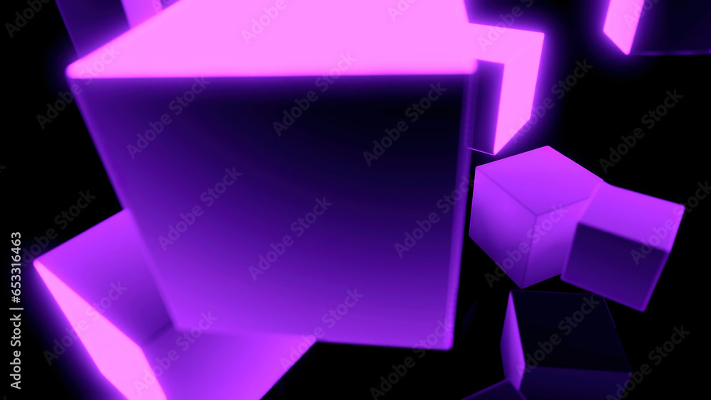 Poster black background with moving squares. design. large squares of bright purple shade made in 3d format