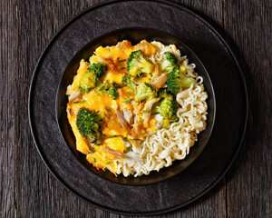 ramen noodle with chicken, broccoli and cheese
