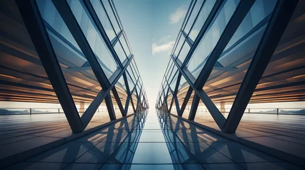 Fotobehang Explore the beauty of architectural symmetry with a photograph of a sleek, modern building. The symmetrical lines and geometric shapes emphasize a "straight forward" design philosophy. © CanvasPixelDreams
