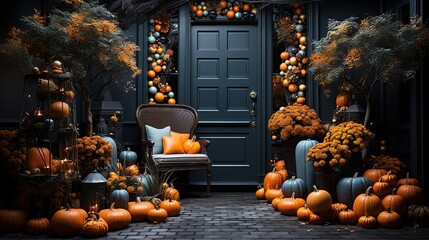 Obraz premium Spooky Halloween Showcase: Pumpkins and Haunting Decorations in 8K created with generative ai technology