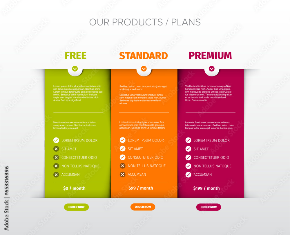 Aufkleber three products cards features schema template with order buttons