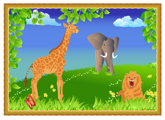Framed african landscape with animals for hanging on the wall. Lion, giraffe and elephant into natural reservation of Africa. Vector illustration isolated on white background.