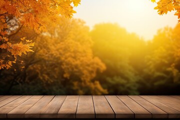 Naklejka na ściany i meble wooden table top with fall foliage background Generative AI