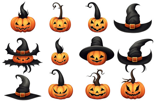 Big set of Halloween pumpkin, witches hat, jack o lantern on without background, png