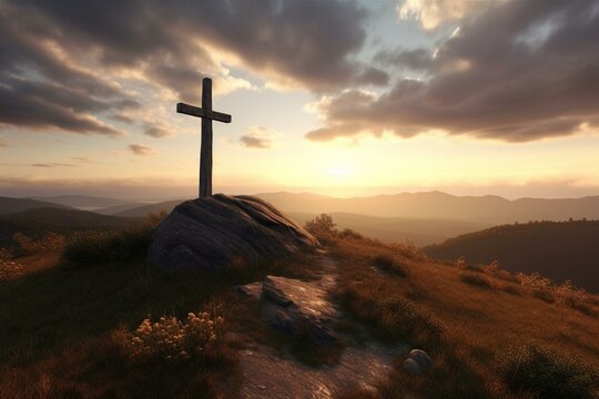 3D-rendered cross on a hill at sunset. Generative AI