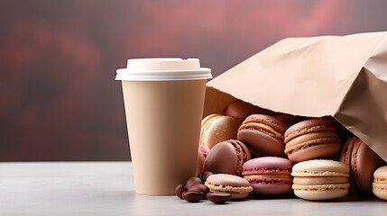 A cardboard cup for hot coffee with a sandwich with colorful macaroons in a cardboard bag on a light table. On dark pink background, close-up. Design for banners, cards, posters. AI generated