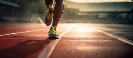 Poster Athlete running on racetrack at stadium. Close up of athlete legs. © Faith Stock