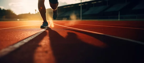 Schilderijen op glas Athlete running on racetrack at stadium. Close up of athlete legs. © Faith Stock