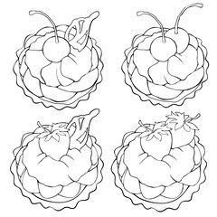 vector set of hand - drawn cup-cake with cherry and strawberry, colouring book, outline drawing