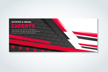 Horizontal Banner for roofing and siding experts for dream home, creative concept advertising, template for posting photos and text. white background. red and black element. brick arrangement pattern.