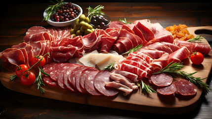A variety of appetizers, meat products, appetizers displayed on a wooden cutting board. Prosciutto, salami, ham, cured meat. Flat lay, closeup. AI generated.