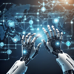 Machine learning, Hands of robot touching on big data network connection