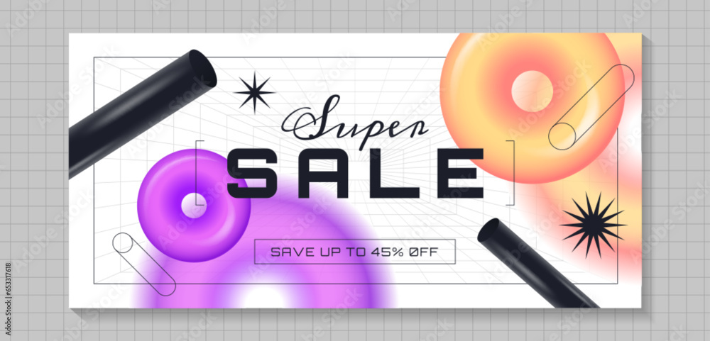 Poster modern blurred gradient sale banner with colorful realistic geometric shapes. social media design we