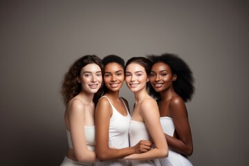 Obraz premium Beauty portrait of a diverse group of beautiful women posing together against a light grey studio background. 