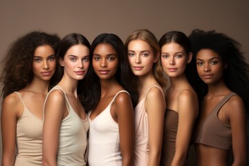 Obraz premium Beauty portrait of a diverse group of beautiful women posing together against a light grey studio background. 