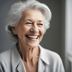 Beautiful senior woman with grey hair smiling, laughing emphasizing healthy skin and dental care