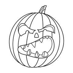 Angry Halloween Jack Lantern pumpkin hand drawn illustration. Fictional spooky character with an emotional facial expression. Autumn holiday decoration. Isolated vector line icon.