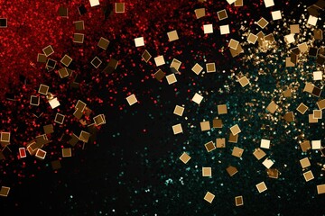 Obraz premium falling golden red green metallic glitter foil confetti on black background, gold holiday and festive Christmas background.