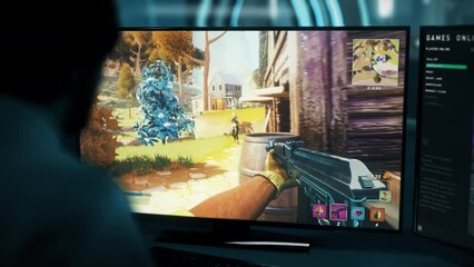 Player having fun with a rifle gun in the battle royale simulator. Player destroying the enemies with a simulator game gun. Player shooting at the internet opponents with a gun in a simulator.