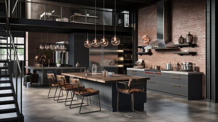 Industrial-chic kitchen with metallic accents. Culinary modernity. A fusion of raw materials and...