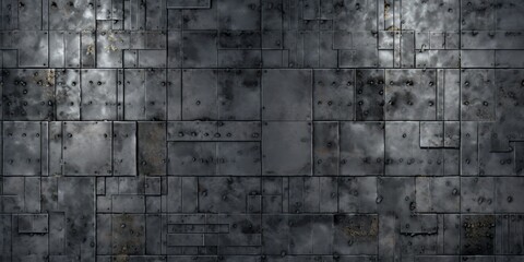 Old steel grunge wall with a seamless, dirty, scratched backdrop effect. Rusted metal bulkhead floor plates design suitable for tiling. Rough metallic iron moulding rendered in 3D at 8K resolution. 