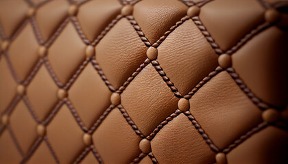 Close-up texture of genuine leather with Beige rhombic stitching, Ai generated image