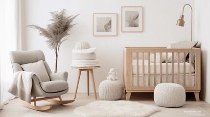 Scandinavian-inspired nursery. Minimalist comfort. A cozy corner for the little one, with neutral tones and natural textures