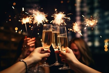 Friends celebrating Christmas or New Year eve party with Bengal lights and rose champagne. - obrazy, fototapety, plakaty