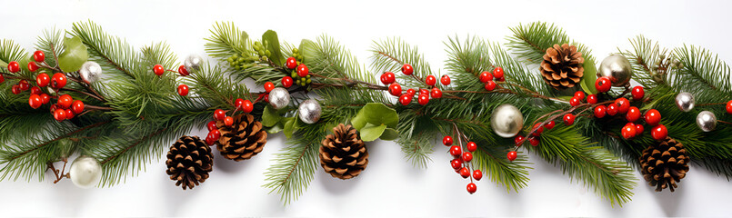 Christmas garland of evergreen tree pine and  holly berries and cones on isolated white background