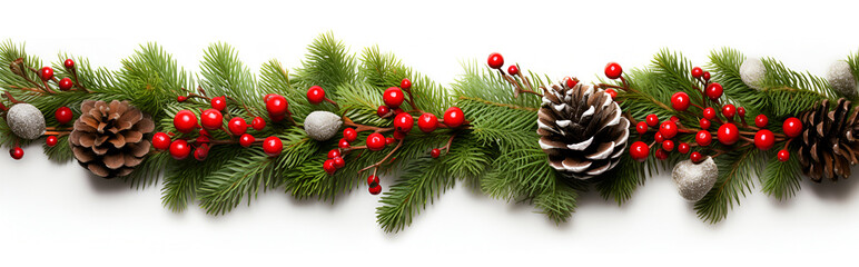 Christmas garland of evergreen tree pine and  holly berries and cones on isolated white background