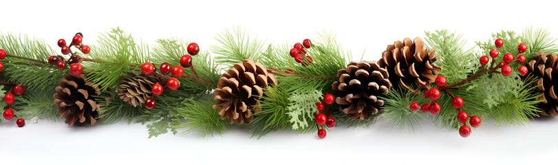 Fototapeta na wymiar Christmas garland of evergreen tree pine and holly berries and cones on isolated white background