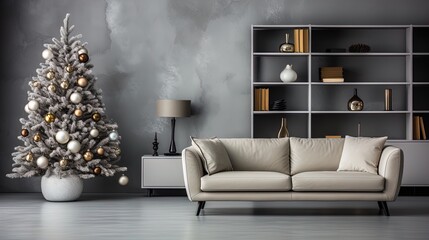 Minimalistic Modern Christmas Tree with Contemporary Furniture Against a Plain Background in 8K created with generative ai technology