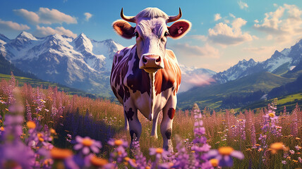 Purple Milka-Style Cow in Alpine Meadow Amidst Flowers. AI