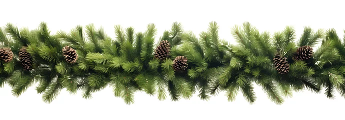 Foto op Plexiglas Christmas garland of evergreen tree pine and  holly berries and cones on isolated white background © Tanuha