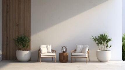 Fototapeta na wymiar Minimalistic modern indoor design with two arm chairs white wall and wooden panels 