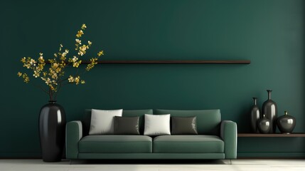 Minimalistic modern dark green interior of indoor premises wall with sofa and vases