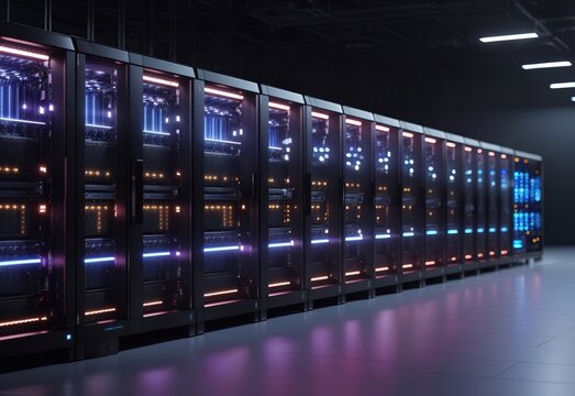 Row of network servers with glowing LED lights - Powered by Adobe