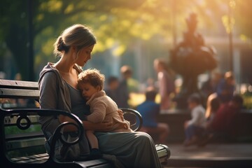 Mother and her baby are sitting on a park bench - obrazy, fototapety, plakaty
