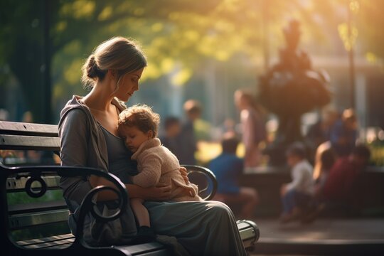 Mother and her baby are sitting on a park bench