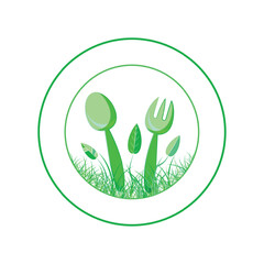 Vector logo of spoon and fork with leaves and grass. Can be used as a healthy eating logo.