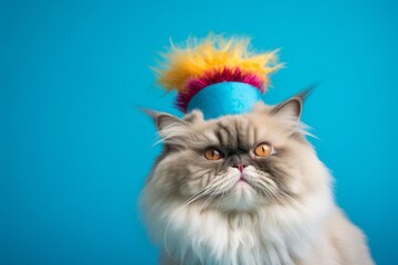 himalayan cat wearing a jester hat against a turquoise blue background